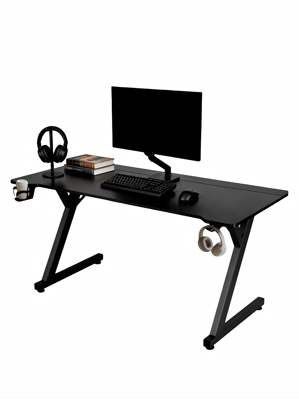 MUSSO G75 Carbon Fiber Gaming Desk with Headphone Hooks, Cup Holder & Monitor Arm Support